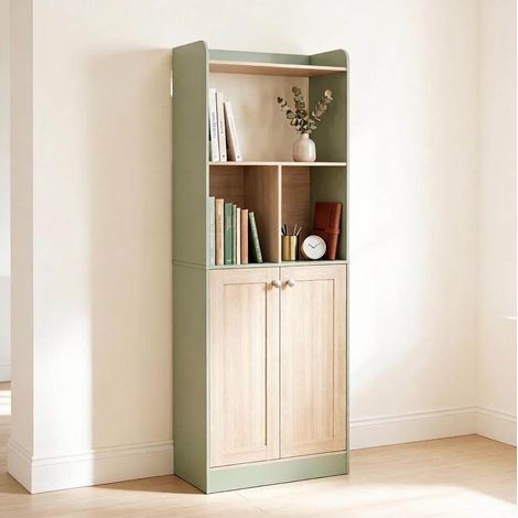 Meuble de rangement haut avec espace de présentation, 60 x 30 x 161,2 cm, vert et bois DESVIAE (1/5)