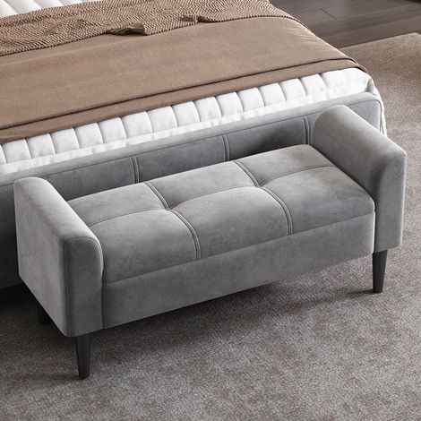 Banco de dormitorio con reposabrazos, terciopelo gris, 116 x 44 x 56 cm DESVIAE (1/5)