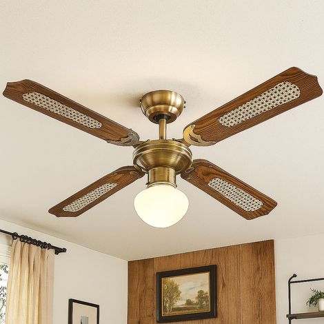 Deckenventilator mit Beleuchtung Sommer Winter Deckenventilator für Dachschräge, Flügel wendbar eichefarben mit Zugschalter und 3 Geschindigkeitsstufen, 1x E27, DxH 106,6 x 41,5 cm