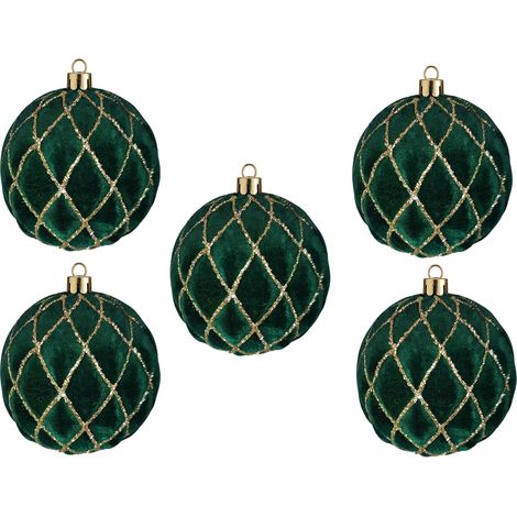 5 Palle per Albero di Natale grandi 10cm Velluto VERDE SCURO ANTICO con Decorazioni oro Palline sfera natalizia addobbi verdi ghirlande Eleganti e particolari arredo casa e locali commerciali (1/5)