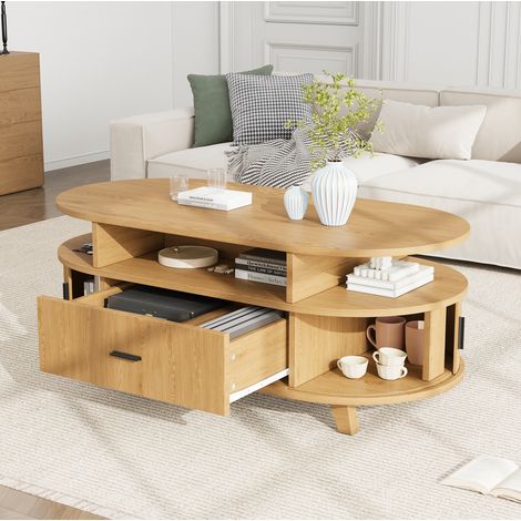 Tavolino da caffè ovale 100/50/40 cm effetto legno, con cassetto e ante avvolgibili (1/5)