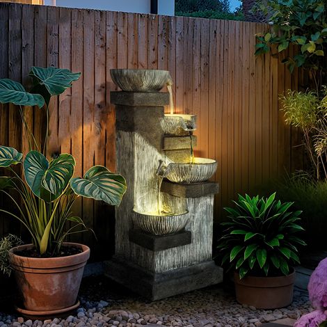Fuente de exterior de 85 cm, fuente decorativa de 4 niveles, cascada artificial con iluminación LED y bomba, color gris.