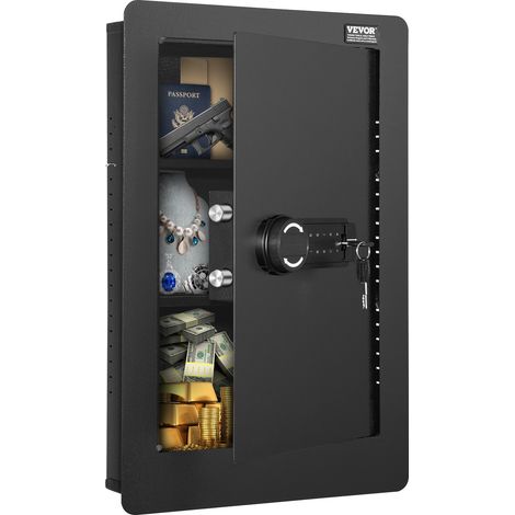 Coffre-Fort Mural Encastrable 65 cm de Haut 3 Niveaux, Coffre-Fort Électronique à Clavier, en Acier Laminé à Froid, 3 Étagères Amovibles et 6 Porte-Clés, avec Lumière LED et Alarme de Vibration (1/5)
