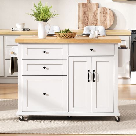 Mobile da cucina con ruote e tavolo allungabile, MDF bianco e legno naturale HAVRYA (1/5)