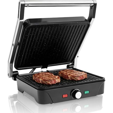 Grill Électrique 2000W Ouvrable 180° Plaques Antiadhésives 28x25cm, Pour Sandwiches, Pour Paninis, Pour Viandes, Pour Légumes (1/5)