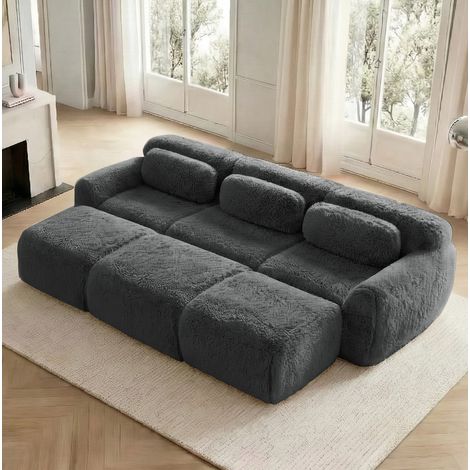 Sofá modular 3 plazas gris en felpa con 3 otomanas, sin estructura y listo para usar (1/5)