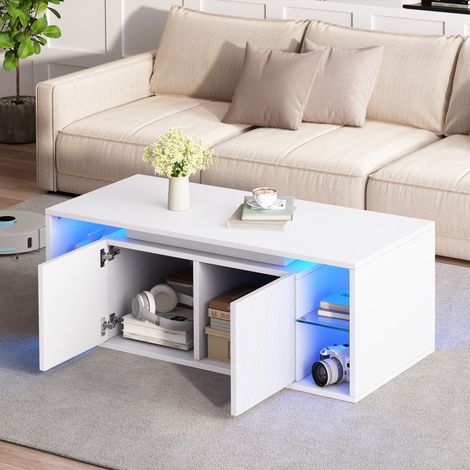 Mesa de centro con luces led - 100x50x41 cm - mesa de café moderna con 2 puertas y estante abierto - mueble de salón de tablero de partículas - blanco (1/5)