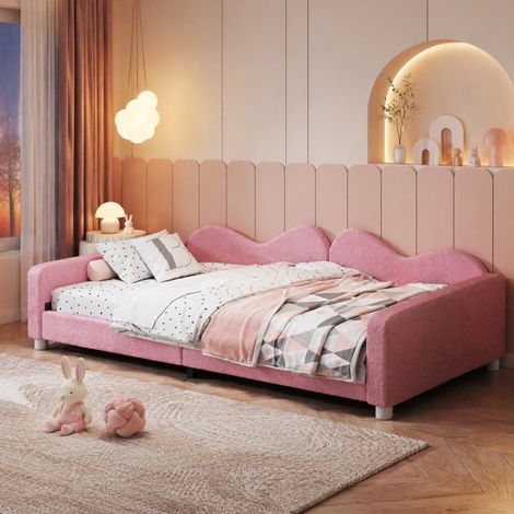 Letto singolo per bambini 90x200 cm in velluto rosa, facile da montare, senza materasso FloraGrace (1/5)