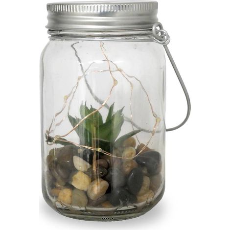 Plante grasse factice cactée en pot de verre et Guirlande Led Type C - couleur: Vert aloe - div: C