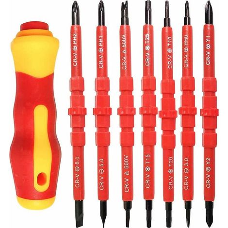 7-teiliges Set isolierter Elektriker-Schraubendreher – robustes, elektromagnetisch isoliertes Schraubendreher-Set – 500 V – multifunktional – 14-in-1 Reparaturwerkzeugset aus Chrom-Vanadium-Legierung