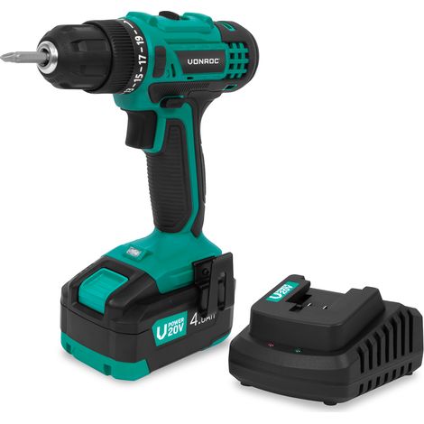 VONROC Perceuse sans fil 20V – 19 réglages de couple – Batterie 4.0Ah & chargeur – 2 embouts inclus