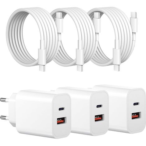 【3 pièces】 Chargeur USB-C, Chargeur Rapide à 2 Ports [USB-C + USB-A], Adaptateur Secteur PD+ QC 3.0 de 20 W avec câble Type-C de 2 m, Compatible avec 17/16/15/14/13/iPad/Galaxy S25/S24/S23 (1/5)