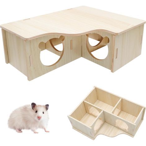 Casetta per criceti in legno a 3 pezzi - Casetta per criceti multicamera resistente all'acqua, nascondiglio per criceti naturale ed ecologico, gabbia per criceti facile da pulire per roditori (1/5)
