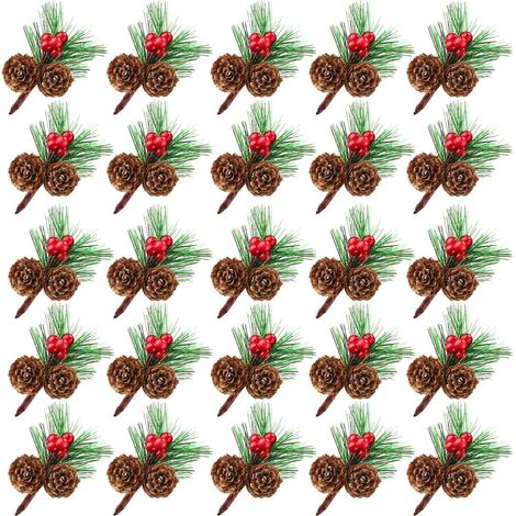 25 Stück künstliche Mini-Kieferspieße mit roten Beeren und natürlichen Tannenzapfen, immergrünen Weihnachtskiefernzweigen und Stechpalmenbeeren, künstliche Festival-Kiefernnadeln (1/5)