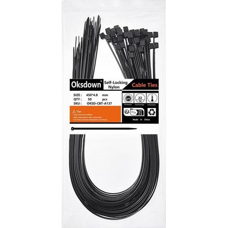 Kabelbinder 450mm Schwarz UV-Beständig 22kg Zugfestigkeit 50 Stück Nylon (1/4)