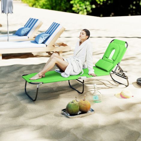 Chaise longue pliante Vert 120 kg dossier réglable 4 positions cadre métal oreiller oxford camping/terrasse/plage charge 190x56x28 cm