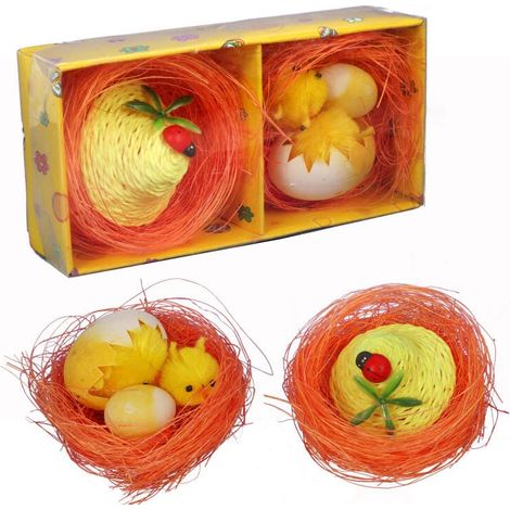 Nids oranges avec figurines de poule et de poussin - Décoration de Pâques (2 pièces) (1/4)