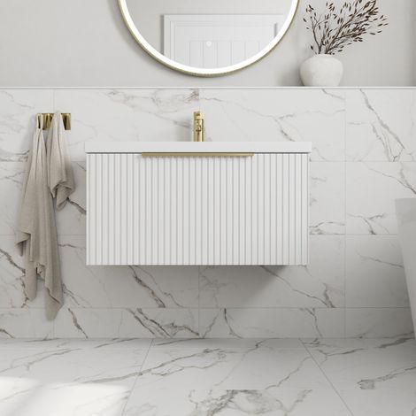 Fluted 800mm Bathroom Vanity Unit Basin Wall Hung Cupboard Soft Close Matt White (1/5)