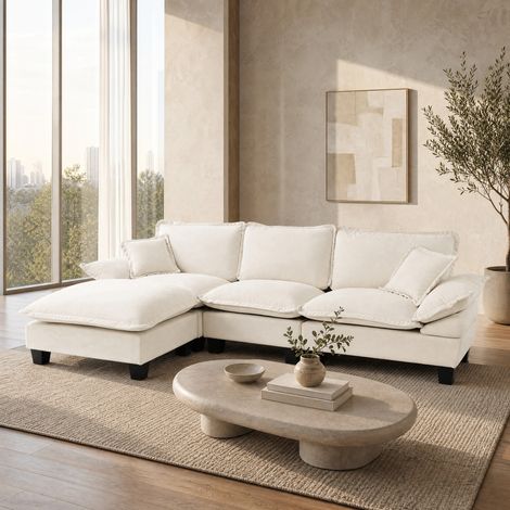 Divano angolare modulare 264 x 155 x 90 cm in ciniglia beige con ottomana mobile HAVRYA (1/5)