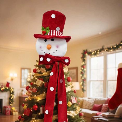 Décoration de sapin de Noël bonhomme de neige en peluche avec long ruban rouge - Joli chapeau festif, décoration intérieure pour Noël et les fêtes (1/5)