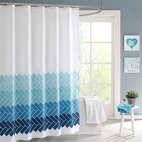 Cortina de ducha - Cortina de ducha antimoho - Antibacteriana - Cortina de baño - Rayas cruzadas azules y blancas - Lavable - Con 12 anillas - Para baño y (1/5)