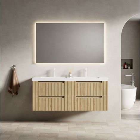 Waschtisch mit Doppelbecken Mineralwerkstoff Weiß/Weißeiche 120 cm, hängend, mit 2 Soft-Close-Schubladen (1/5)