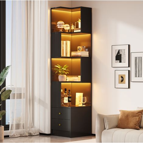 Vitrine d'angle 45 x 43,5 x 180 cm, LED à commande via application, 4 niveaux, 2 tiroirs, MDF - noir (1/5)
