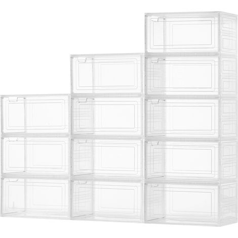 Mophorn Stapelbare Schuhaufbewahrungsboxen (12 Stück) für Schuhe bis US-Größe 13, Organizer mit magnetischer Tür für High Heels, Stiefel und Hüte, transparent und weiß
