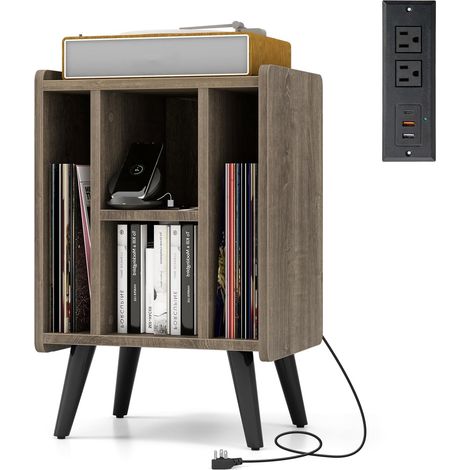 Goplus – Table d'appoint avec station de charge – 2 prises CA, 2 USB, 1 Type-C – Rangement vinyle, 4 compartiments – Chêne gris, 43x34,5x67,5cm (1/5)