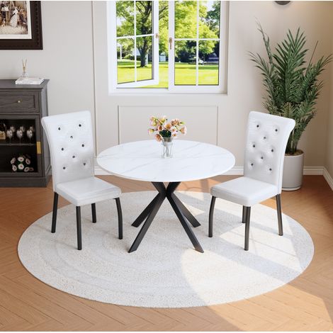 MEUBLIV Ensemble repas rond MDF finition marbre blanc, 2 chaises - noir et blanc (1/5)