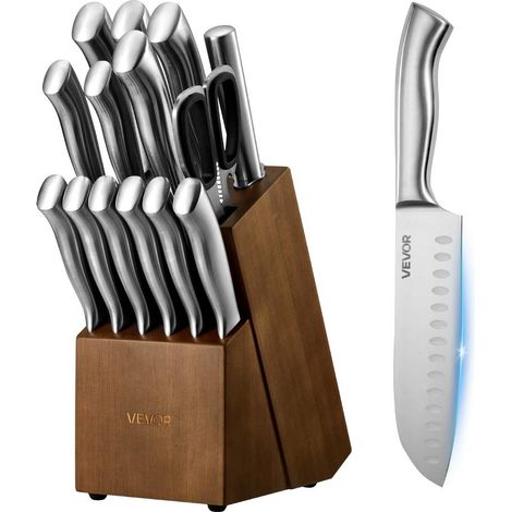 Bloc Couteaux de Cuisine 15 Pièces Lames Acier Inox avec Ciseaux Fusil à Aiguiser et Bloc Bois Noyer (1/5)