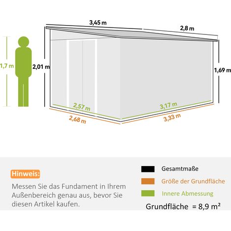 Abri métallique 8,9 m², toit incliné mono-pente, porte à glissière, aération intégrée, 280x345x201 cm, gris, cabanon de jardin en acier robuste (1/5)