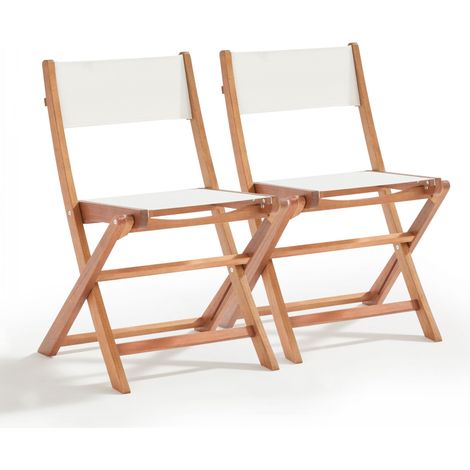 Lot de 2 chaises pliantes en bois d'eucalyptus et textilène blanc (1/5)