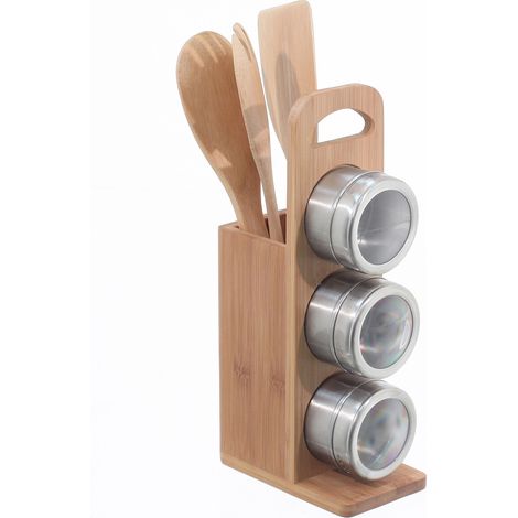 Support à épices 3 pots et 3 ustensiles de cuisine en bambou et acier