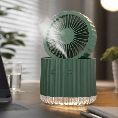 Ventilateur de bureau brumisateur rechargeable USB-C, 3 vitesses silencieux avec lumière d'ambiance et réservoir 380ml, vert paon (1/4)