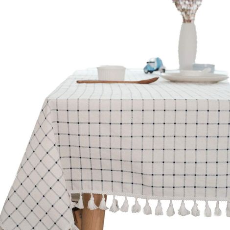 Nappe ronde en coton et lin, à pompons rectangulaires, convenant à une utilisation intérieure, extérieure et pour les tables à manger (diamètre 120 cm) (1/5)