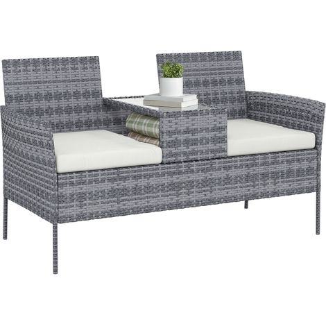 Banc de jardin en résine tressée 2 places avec table et coussins noir 135x64x81 cm pour balcon et terrasse (1/5)