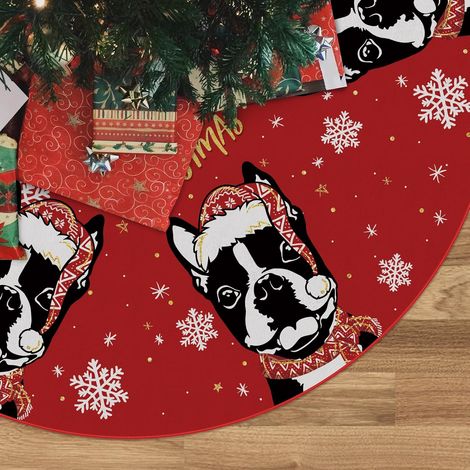 Falda roja para árbol de Navidad, falda para árbol de Boston Terrier, falda de invierno de 120 cm para perros, decoraciones navideñas para interiores y exteriores. (1/5)