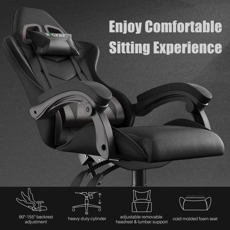 Ergonomic PU Leather Racing Gaming Chair with Headrest and Lumbar Pillow Swivel Office Chair Black (1/5)