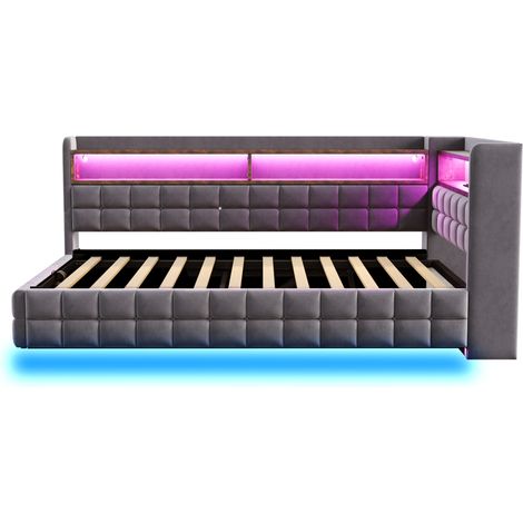 Cama tapizada sofá 90x200 cm con almacenaje, LED, estantes y USB/Tipo-C, gris (1/5)