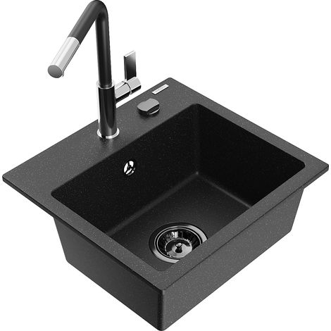 Mexen Milo lavello in granito da cucina 1-vasca con miscelatore Flora, nero/argento metallizzato - 6505-73-670401-07-B (1/5)