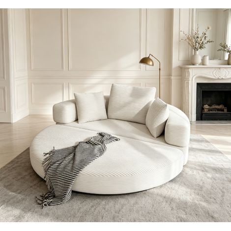 Canapé-lit multifonction autoportant sans armature de forme ovale, revêtement en velours côtelé. Modèle modulable livré avec coussins, dimensions 173 x 176 cm, idéal pour appartement, salon et chambre (1/5)