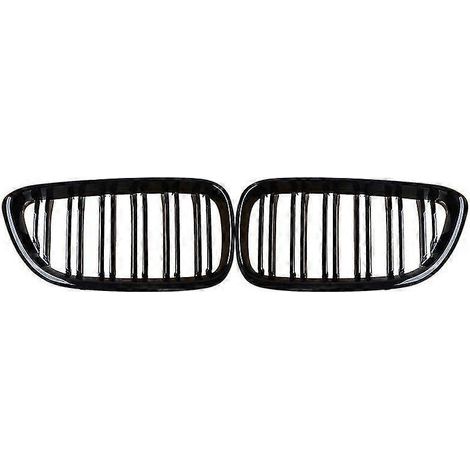 Passend für BMW 2er F22 F23 F87 M2 2014–2018, schwarzer, einteiliger Doppellamellen-Frontstoßfänger mit Nierengrill, Lufteinlassgitter und Kühlerschutz – zweifarbig glänzend schwarz
