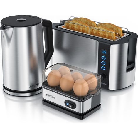 Arendo Frühstücksset, Wasserkocher 1,5 Liter + 6er Eierkocher + Langschlitztoaster für 4 Scheiben, Silber (1/5)