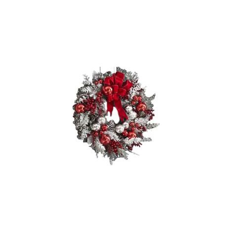 Ghirlanda natalizia artificiale in rattan ricoperta di neve, albero capovolto, fiocco rosso, nastro, allestimento scenico, palline glitterate, decorazione natalizia per la porta, ghirlanda da appender