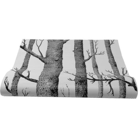 Papier peint en rouleau à motif de bouleaux noirs et blancs pour chambre et salon, style rustique moderne et forestier (1/5)