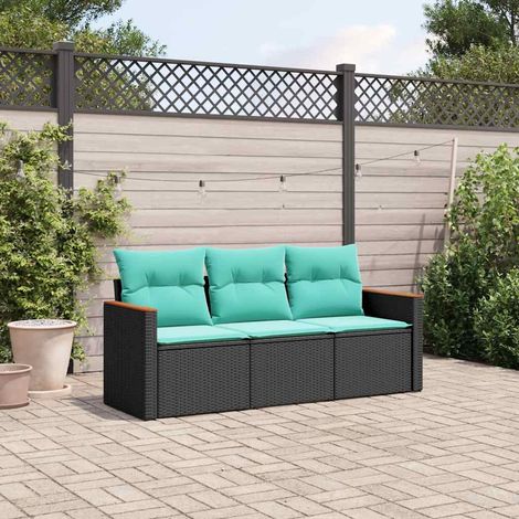 Salon de jardin 3 pièces en résine tressée noire avec coussins bleus, 25.6kg - PANGIVO (1/5)