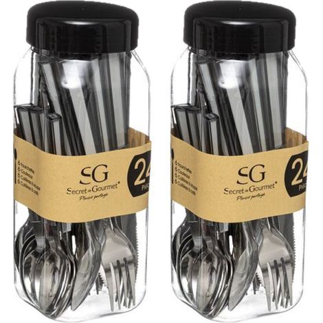 Lot de 2 ménagères 24 couverts en acier inoxydable – 12 couteaux, 12 fourchettes, 12 cuillères à café et 12 cuillères à soupe – Compatible lave-vaisselle – Toilinux
