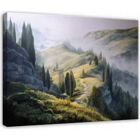 Tableau sur toile paysage de montagnes, forêt et arbres – Décoration murale nature – 100 x  70  cm