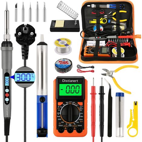 19-teiliger elektrischer Lötkolben, 60-W-Löt-LCD-Display, einstellbare Temperatur mit Digitalmultimeter, Ständer, Entlötpumpe, Spitzen, Spule, Klebeband für die elektrische Wartung (1/5)